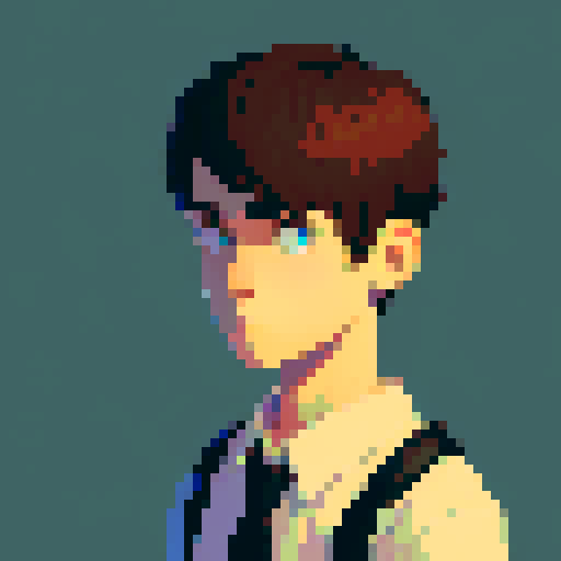 portrait, sprite art, young man, sad, narrow eyes, muted colors, depressed, city dweller, neutral