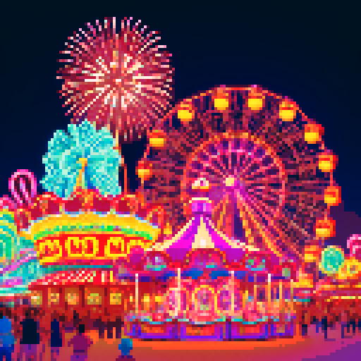wide shot amusement park, vibrant colors, bustling crowds, whimsical carousel, towering roller coaster, neon signs, ferris wheel in motion, candy-colored stalls, swirling cotton candy, children with balloons, animated characters, pixelated fireworks illuminating the night sky, pixel art style, sRGB color profile