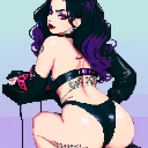 curvy goth girl sitting, black hair, purple eyeshadow, red lipstick, rear end view, rear view glamour shot, pixel art, vibrant sRGB colors, edgy aesthetic