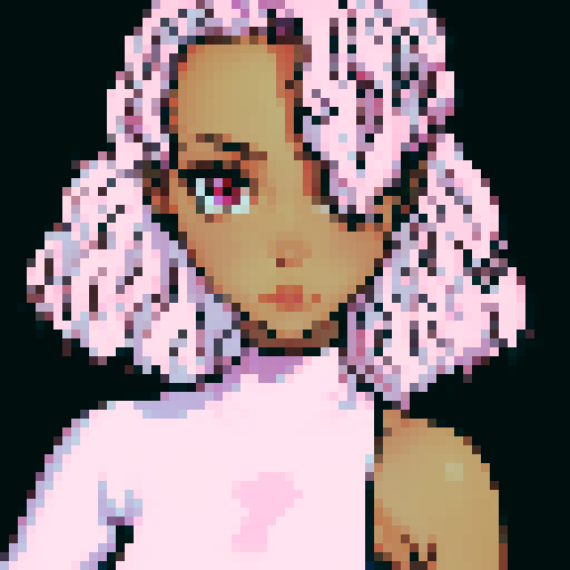 Teenage black girl with light pink hair and crimson eyes