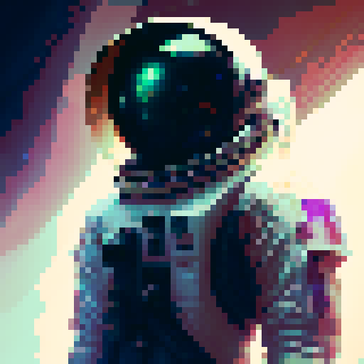 Androgynous astronaut in a partially clear helmet, soaring through space on a solo rider space ship in the background, with a fantasy RPG art style