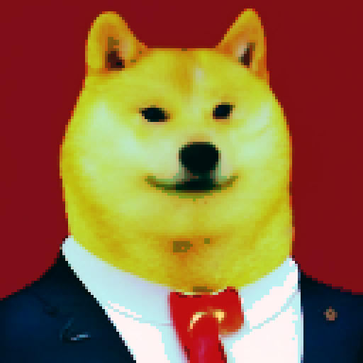 Doge, adorned in a patriotic red, white, and blue collar, poses for a portrait painting.