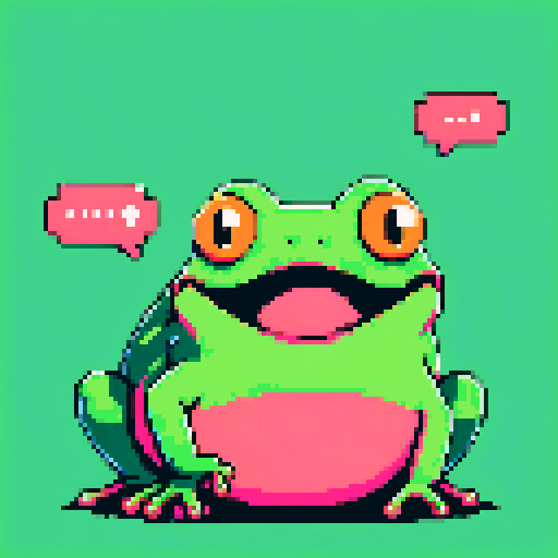 pixel art, sRGB, vibrant green frog, wide open mouth, animated speech bubbles, croaking loudly, expressive eyes, 