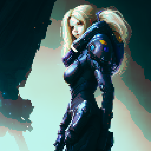 samus-aran type female character with anime eyes, no helmet, arm weapon like samus, medium sexy butt and boobs, standing facing right idle, fantasy RPG