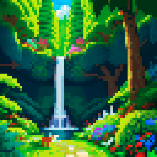 Towering evergreens and a cascading waterfall in the background, a lone fox darts through the vibrant underbrush in a pixelated forest landscape