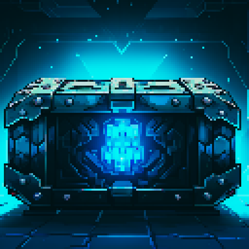 mystery box, stone, metall, shiny, pixel art, sRGB, vibrant colors, glowing lights, intricate patterns
