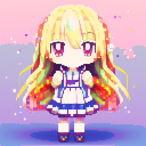 anime girl, pixel art, waving, 54x54 canvas, vibrant colors, big sparkling eyes, kawaii expression, flowing hair, cute outfit, detailed shading, delicate pixel work, motion lines, cheerful smile