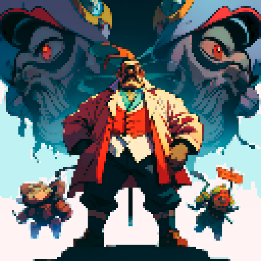 full-body image of mad scientist, fat, mustache, giant robot