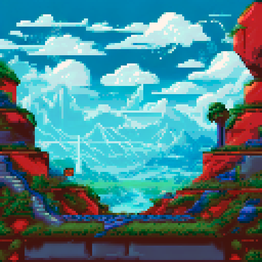 Bushy-bearded and long haired programmer typing at desk with black-and-white cat lounging atop computer tower amidst a retro game-style, pixelated landscape with vibrant sRGB colors, pixel art, 80's game