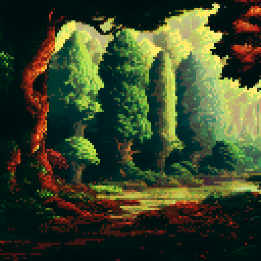 Tall, towering majestic trees, enormous treehouse, vibrant colors, dense foliage, pixelated leaves, intricate branches, serene background, sprawling landscape, sRGB palette