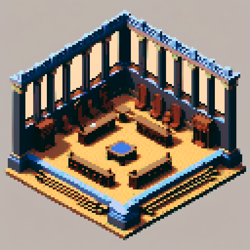 royal council, building, inside, block, wood, one discussion table, wooden interior, council room, columns, isometric, dark