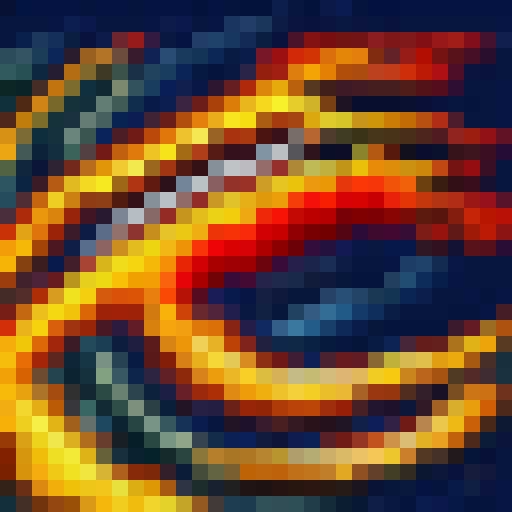 A fiery, winged dragon clashes with a stormy, lightning-filled sky over a mountainous landscape in pixel art reminiscent of classic video games.