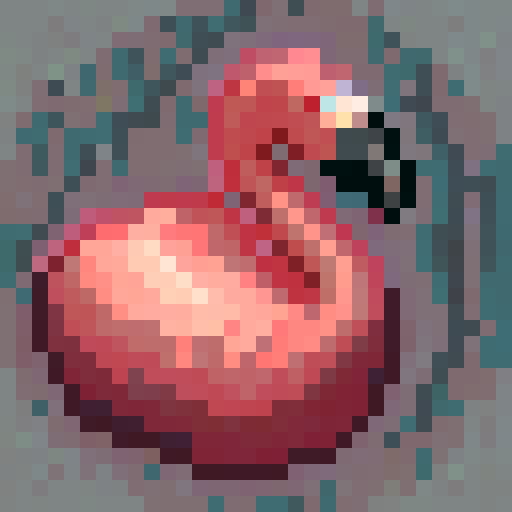 Feathered, pink flamingo with a slender neck, captured in close-up portrait, skillfully rendered in 32x32 pixel art with a graffiti-style twist