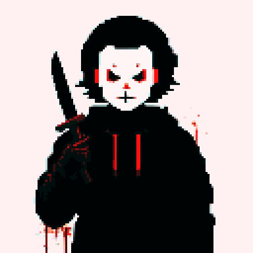 Michael Myers, dark silhouette, looming presence, blood-red eyes, pixelated horror, sRGB color palette, chilling atmosphere, knife-wielding figure