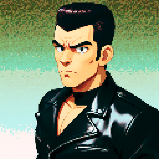 Muscular, tough greaser man with a pompadour hairstyle, wearing a motorcycle jacket, pixel art, sRGB colors, portrait, face avatar