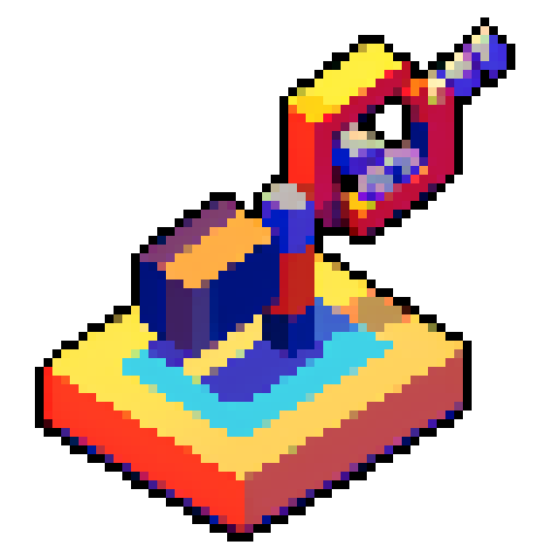 grappling hook, pixelated rope, vibrant colors, detailed metal, retro game style, isometric view, textured handle, 8-bit pixels, shiny metallic, intricate mechanism, sharp hooks, minimalistic design