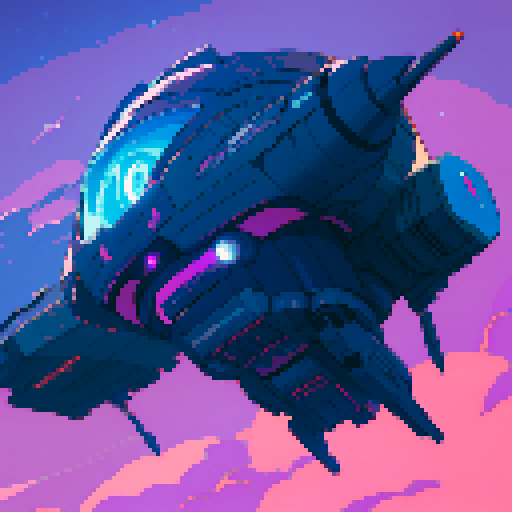 futuristic spaceship hovering above rocky planet, vibrant sky, game icon