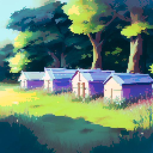 beehives in a woodland clearing, blue sky, English countryside, landscape portrait