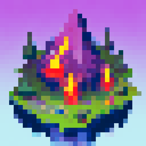 evil barren landscape, with thunder and lightning in the sky. A fiery volcano in the distance shoots lava from the top.