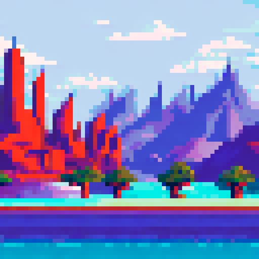 Towering skyscrapers, snow-capped mountains, a shimmering lake, and a palm tree oasis all come together in a pixel art landscape of Dubai in winter, set against a vibrant sRGB background