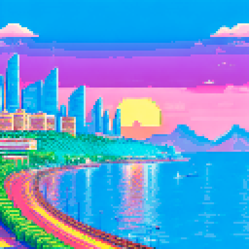 Monaco skyline at sunset, towering palm trees, sparkling ocean, grandstands filled with spectators cheering on their favorite racer, all depicted in retro pixel art style with a muted sRGB color palette
