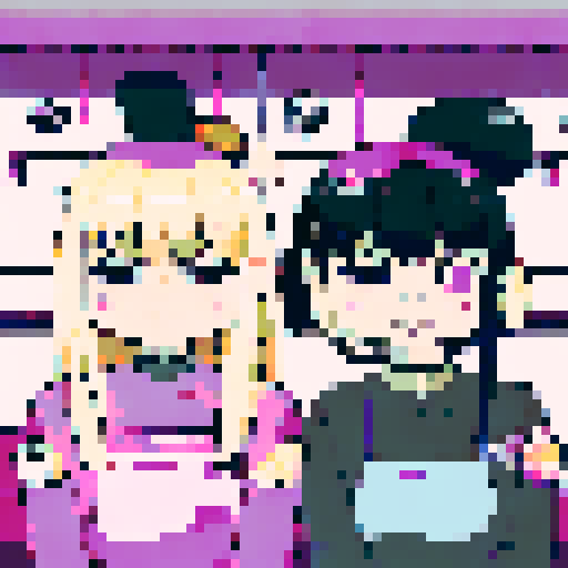 Nail tech with long blonde hair wearing a pink apron and a girl with brown hair wearing a purple dress sitting down facing each other at a table in a nail salon.