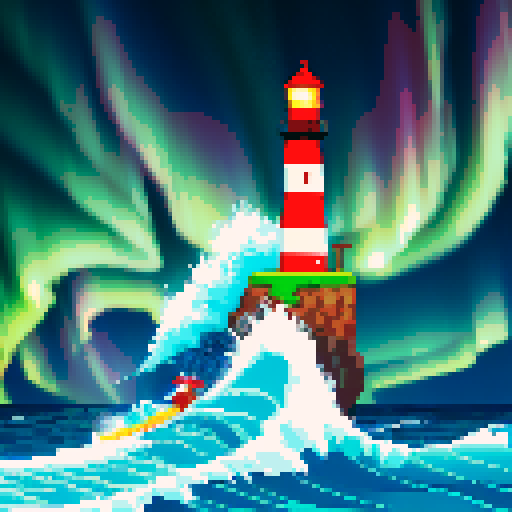 pixelated lighthouse standing tall, vibrant sea waves crashing, mesmerizing aurora dancing