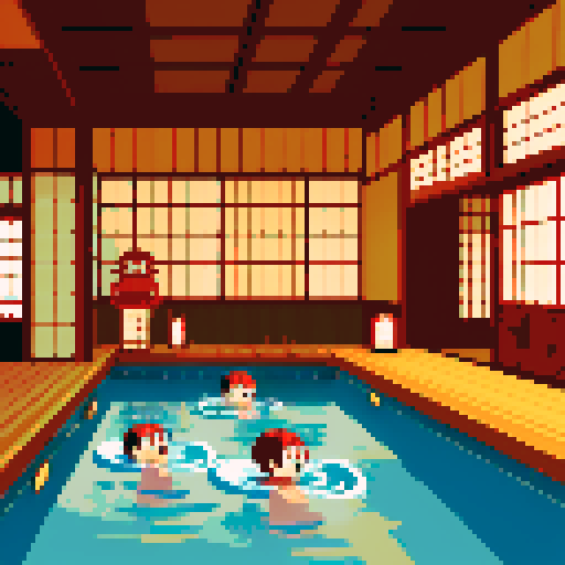 multiple yokai in a  japanese sento bath house, night time, steamy, warm water