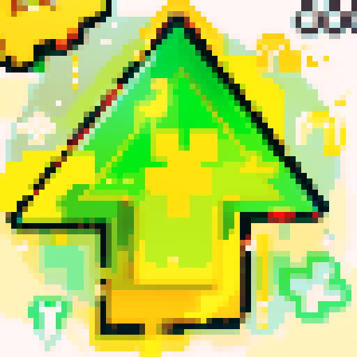 A glowing, upward-pointing arrow with a thick black outline, filled with vibrant green and yellow gradients, overlaid with small clover-like sparkles and surrounded by a splash of yellow and orange energy.