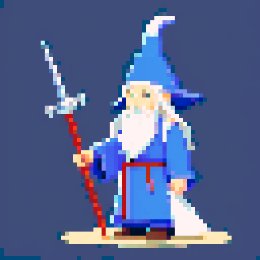 Wizard, pointy hat, sword and staff, long robe, think Gandalf