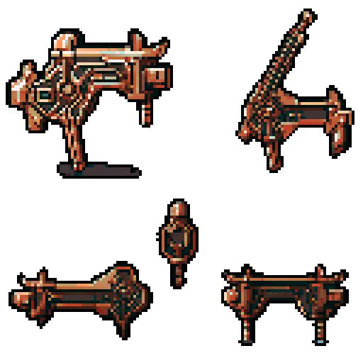 I want a copper structure reminiscent of a mounted weapon of some sort seen from a head on two dimensional perspective. The design should be relatively simple. I also want this object usable as an asset in a videogame, meaning only one object per image, outlined with a strong black stroke, on a solid-color background.
