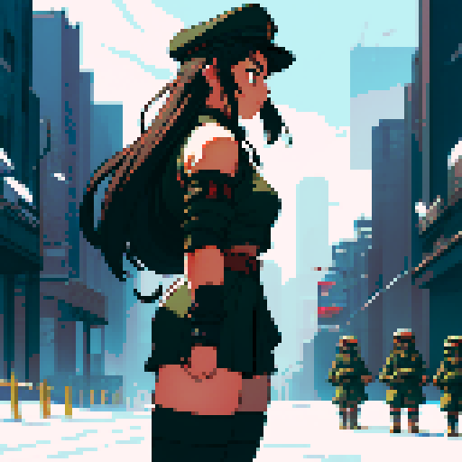 full-body image, muscle girl, female, thick biceps, big shoulders, big fists, muscular physique, thick waist, facing left, ready to fight, exaggerated proportions, black military uniform, black hat, military backdrop, sRGB, pixel art, army behind her, military behind her, army in background, army, soldiers, evil, dark, evil soldiers, nazi