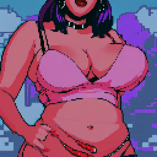 Plus size curvy, cute, busty greaser goth girl, with purple hair, black eyeshadow, red lipstick. Large breasts.  Wearing studded collar. Posing for sexy glamour shot. whole head portrait, avatar photo. vibrant sRGB colors, pixel art, edgy aesthetic
