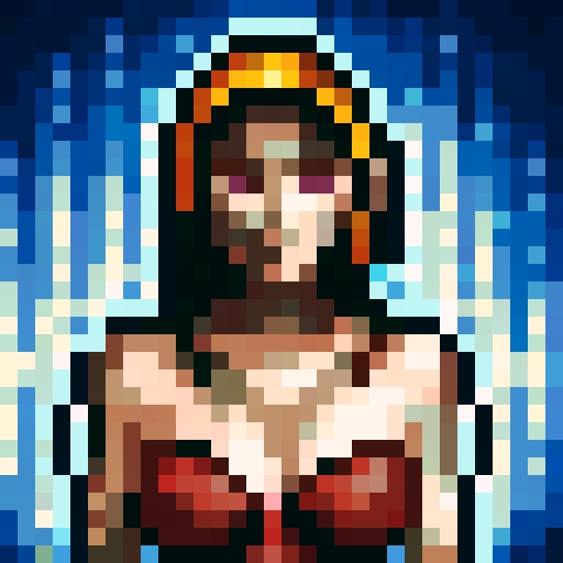Draw a woman of middle eastern descent. She is wearing a white headscarf that covers her hair and the lower half of her face. She is topless. She wears a red loincloth that only covers her groin and trails to her knees. She wears a pair of sandals on her feet. Have her in an idle standing pose. 

Draw in Pixel Art; this will be a NPC sprite for a video game