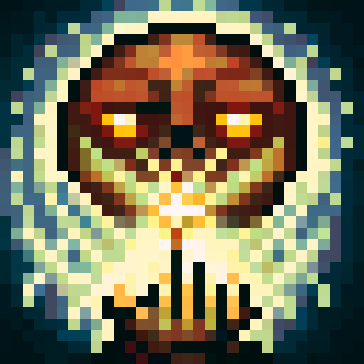 Warlock casting a fiery spell with glowing eyes and intricate runes, depicted in a pixel art close-up portrait with a dark, ominous background for a game icon.