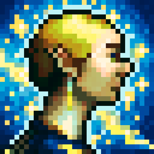 Sprite, girl running with bob cut hair, brown hair, blue ribbon, pixelated details, fantasy theme, side view