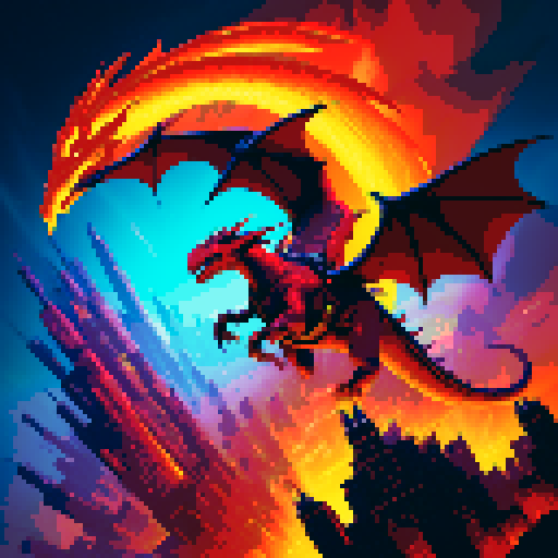 A rock guitarist riding a dragon, flying through a fiery sky above a futuristic city, brandishing his guitar like a sword