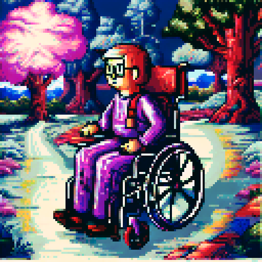 Wheelchair bound, colorful, vibrant, pixelated landscape, filled with blooming flowers and towering trees, against a backdrop of a clear blue sky