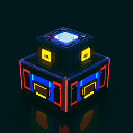 futuristic lootbox, rectangular, 2 tiers, glowing buttons, intricate details, pixel art style, sRGB