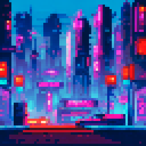 Create a pixel art illustration of a cyberpunk bar with a detailed bar counter. The scene should have a side-scroll perspective, capturing the bustling atmosphere typical of 2D games. Make sure to include neon lights, futuristic decor, and characters interacting within the bar. The image should have a trendy and stylish aesthetic, reflecting the vibrant and edgy nature of the cyberpunk genre.