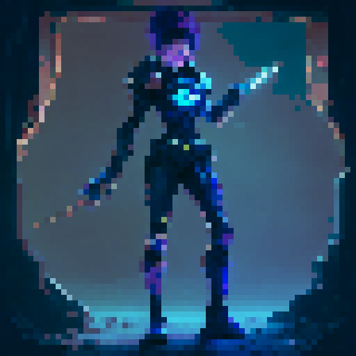 athletic female, exuding strength and agility. shoulder-length Midnight Blue hair, streaked with Royal Blue highlights. armor is a sleek combination of Dark Slate Blue and Neon Cyan, Steel Gray accents cover her gauntlets and shin guards, Charcoal Black underlayer. glowing Gold artifact on chest and Blue visor. utility belt, in Dark Gray with Neon Purple details, and black boots with Cyan highlights