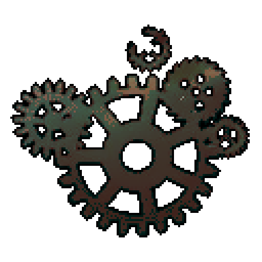 Steampunk clockwork, intricate gears, brass mechanisms, cogwheels turning, mechanical precision, pixelated art