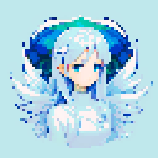 
Beautiful, ethereal angel with shimmering wings and flowing, liquid-like chrome body, rendered in minimalist pixel art with vibrant, dazzling sRGB colors