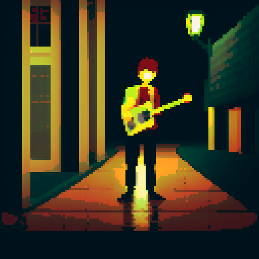 lonely boy, rainy wet street, guitar, bottle of wine, pixel art