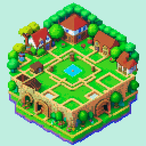 "Create an intricate pixel art map for a top-down 2D RPG, depicting the layout of Verdant Vale, the starting area of the game 'Chronicles of the Arcane Grid'. The map should feature a quaint fantasy village surrounded by lush green forests, with a clear, winding path leading through it. Include distinct areas such as a village square with market stalls, a mystic's cottage on the outskirts, and a central training ground. The map should show details like trees, houses, a fountain, and small fields