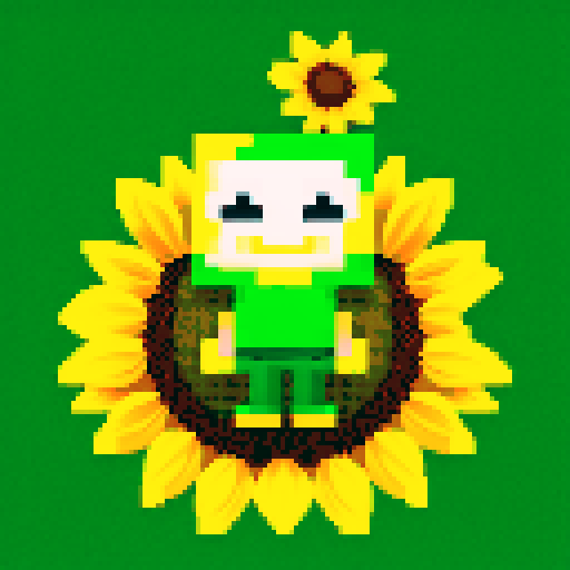 sunflower with smiling face, green pants