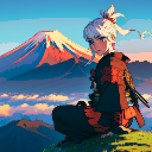 Japanese samurai, on top of mountain wih view of a shrine and Mt Fuji in the background.