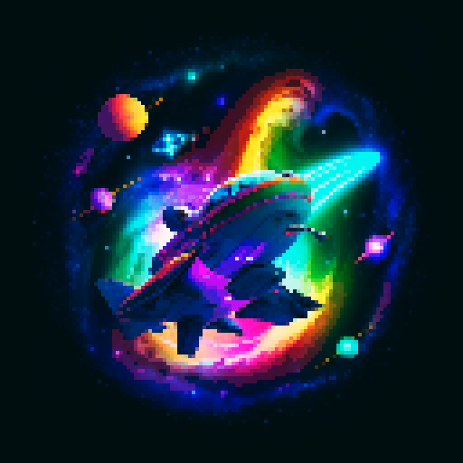 spaceship, sideview, vibrant galaxy, swirling nebulas, twinkling stars, pixel art, srgb
