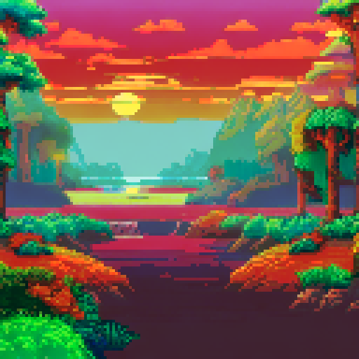 a serene landscape of trees and water, and a sunrise. use of colors of red blue yellow and green.