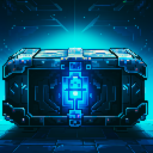 mystery box, stone, metall, shiny, pixel art, sRGB, vibrant colors, glowing lights, intricate patterns

